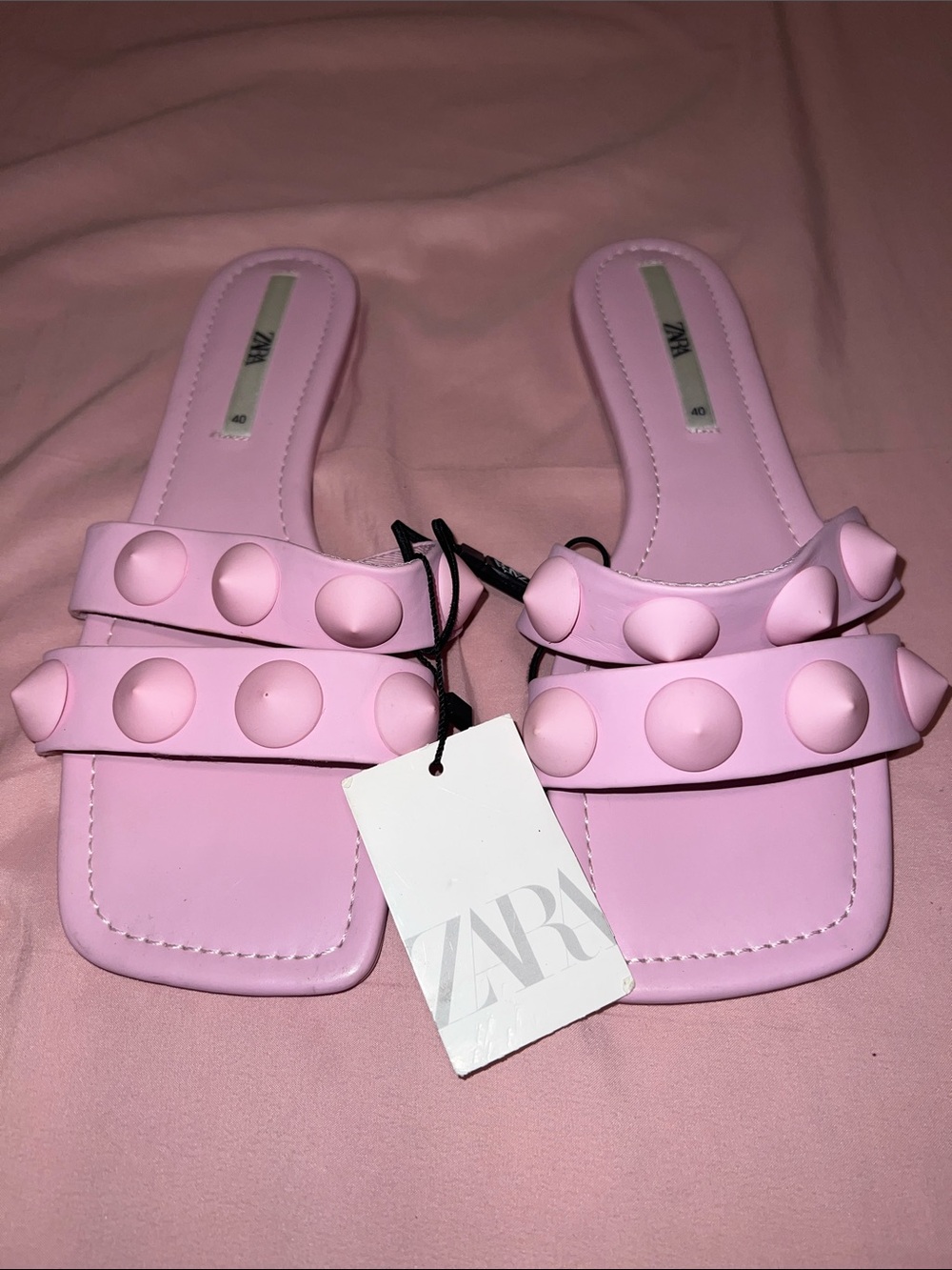 Zara Pastel Pink Stud-Embellished Slide Mules